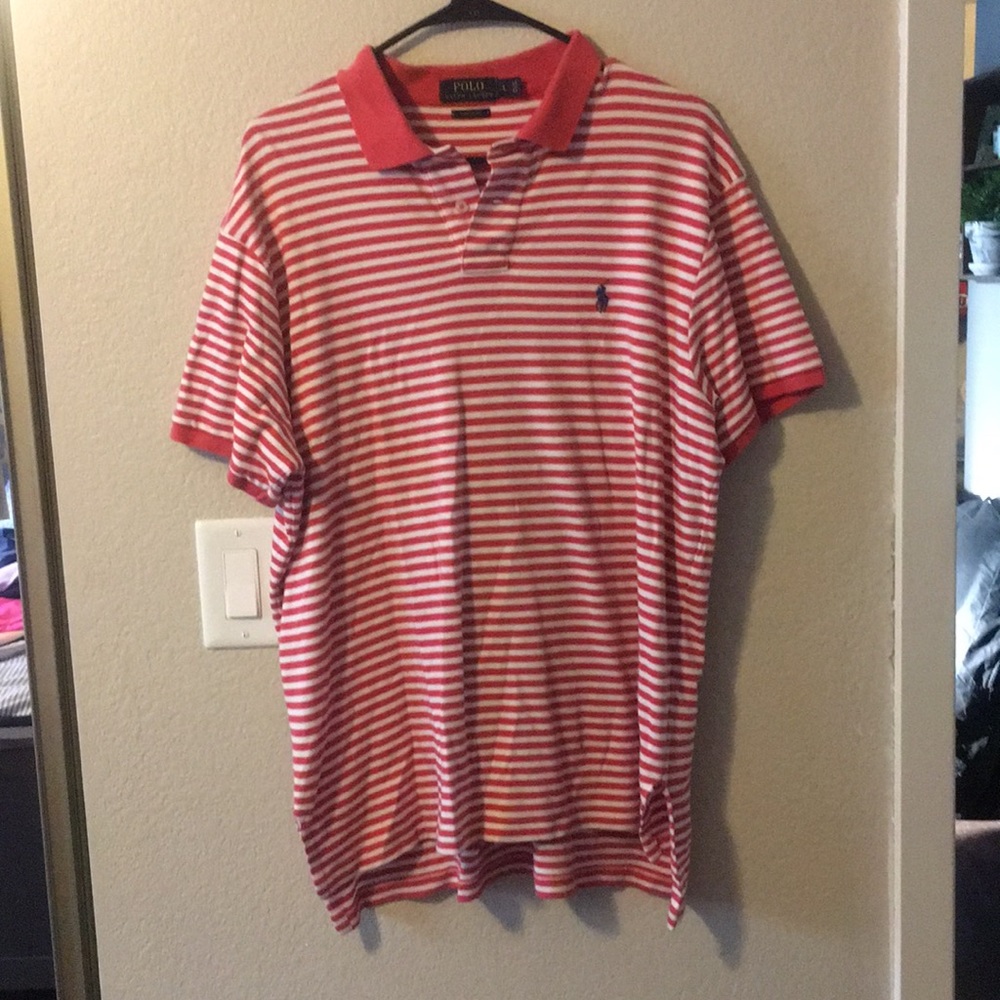 Pink and white striped polo